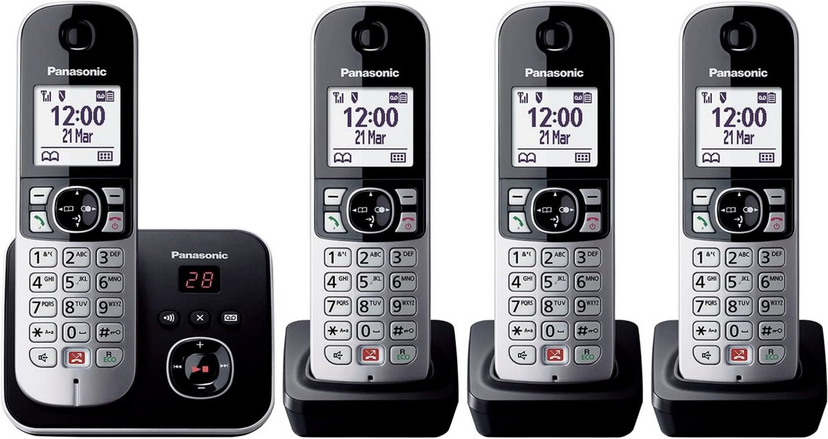 Panasonic KX-TG6864GB Quattro Draadloze DECT Telefoon – 4 Handsets – Antwoordapparaat – Nummerblokkering – Handsfree – Zwart/Zilver