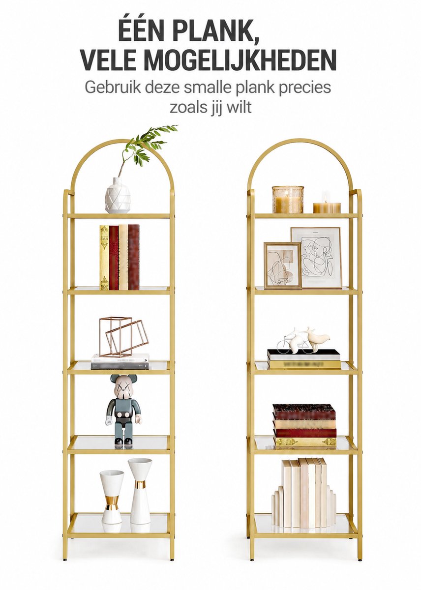 Seth Select Boekenkast - met Glazen Planken – Smalle Boekenkast - Boekenplank van Gehard Glas – Gouden Stalen Frame - 5 niveaus