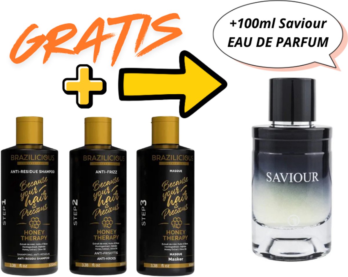 BRAZILICIOUS Honey Therapy Keratine 3 x 100ml + GRATIS 100ml GRANDEUR Saviour Eau De Parfum – Keratine Behandeling Set – Voor Uitstekende Resultaten