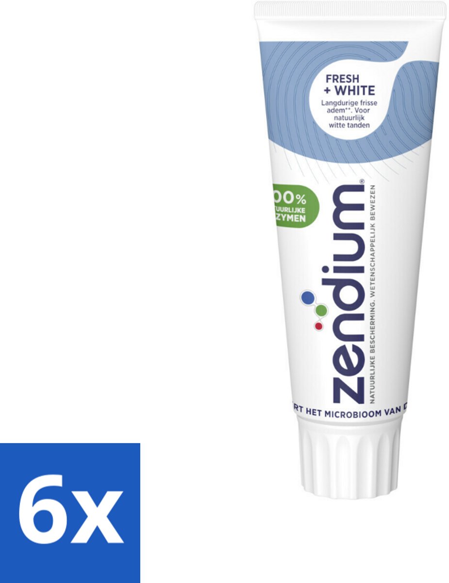 6 x Zendium - Tandpasta - Fresh+ White - 75 ml - Tandpasta - Frisse Adem - Witte Tanden - Enzymen - Fluoride