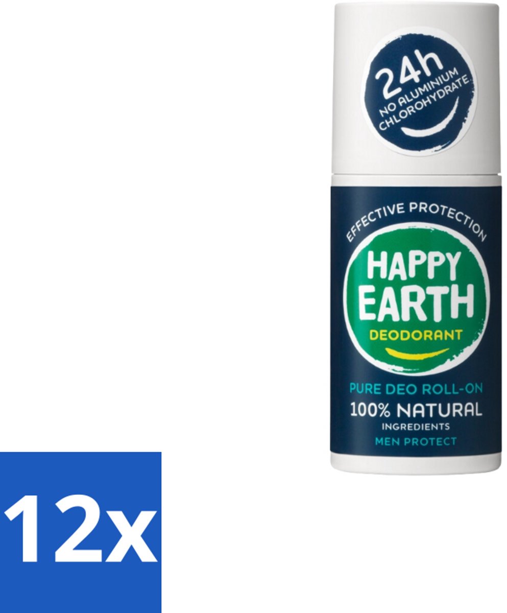 12 x Happy Earth – Deodorant Roll-On – 100% Natuurlijk Men Protect – 75 ml - Natuurlijke Deodorant Voor Mannen - Frisse Geur - Deodorant Zonder Aluminium - Huidvriendelijk - Vegan Deodorant
