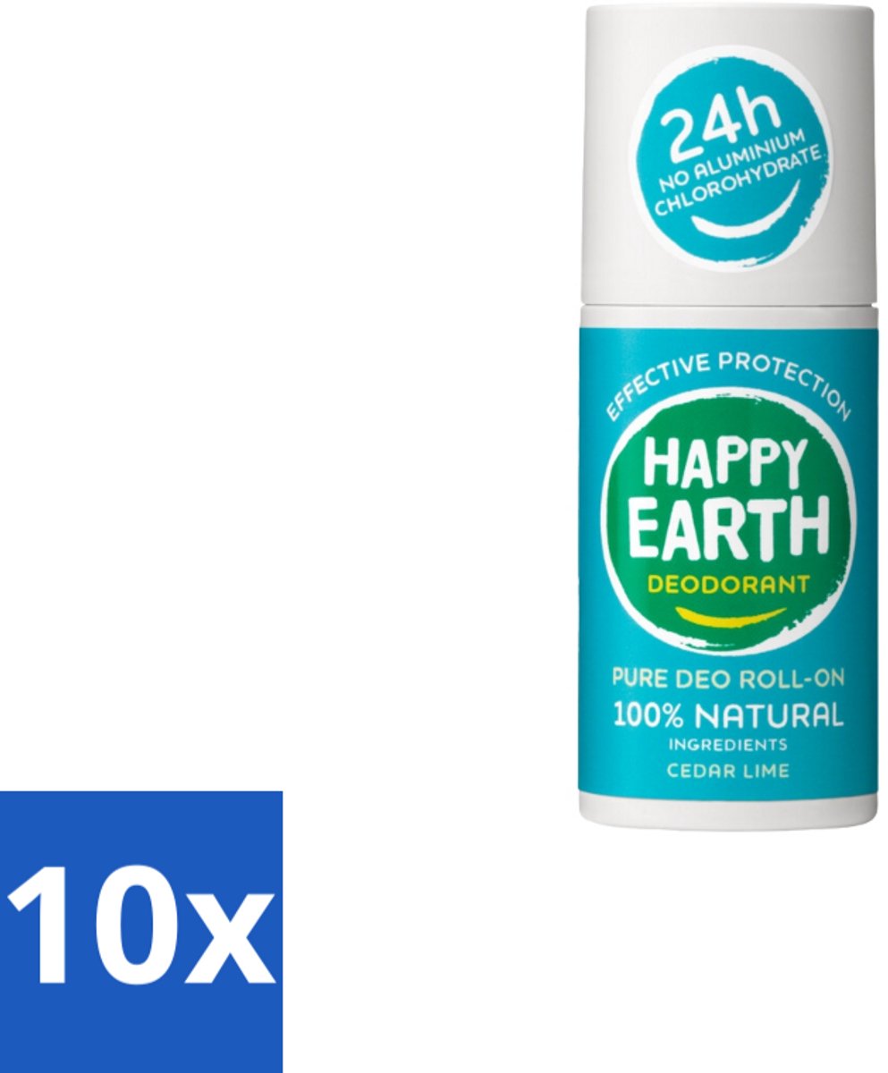 10 x Happy Earth – Deodorant Roll-On – 100% Natuurlijk Cedar Lime – 75 ml - Natuurlijke Deodorant - Cedar Lime - Roll-on Deodorant - Geur Ceder En Limoen - Botanische Extracten
