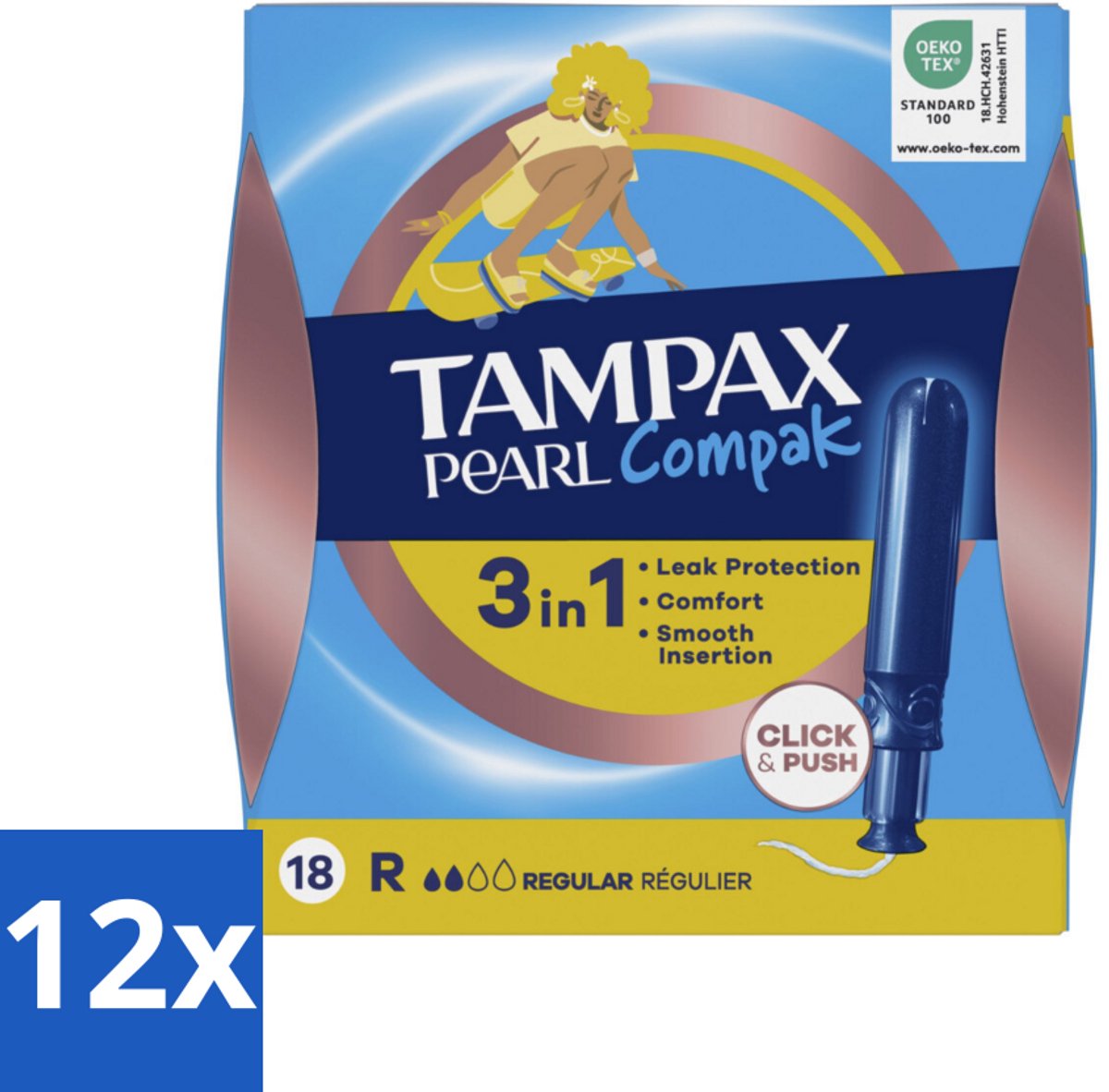 12 x Tampax – Tampons – Pearl Compak Regular met Inbrenghuls – 18 Tampons - Tampon - Menstruatiebescherming - Comfort - Bescherming - Discreet