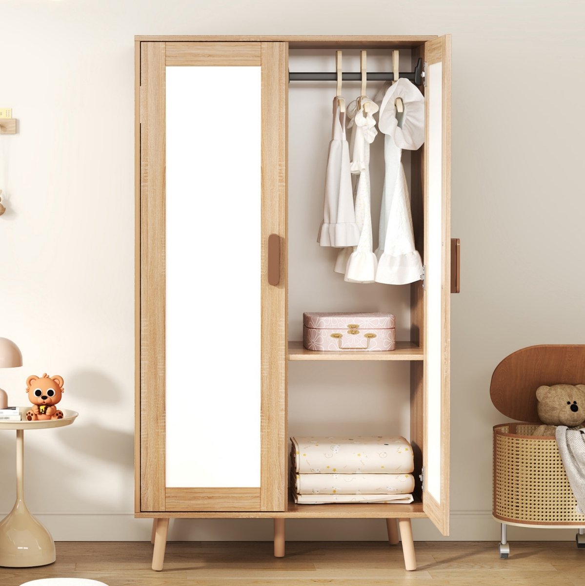 STILVORA Kledingkast - Kinderkledingkast Met Kleiderstang En Opbergvak - Voor Kinderkamer En Slaapkamer - MDF - Natural+White - 80x46x141,5 Cm Naturel en wit
