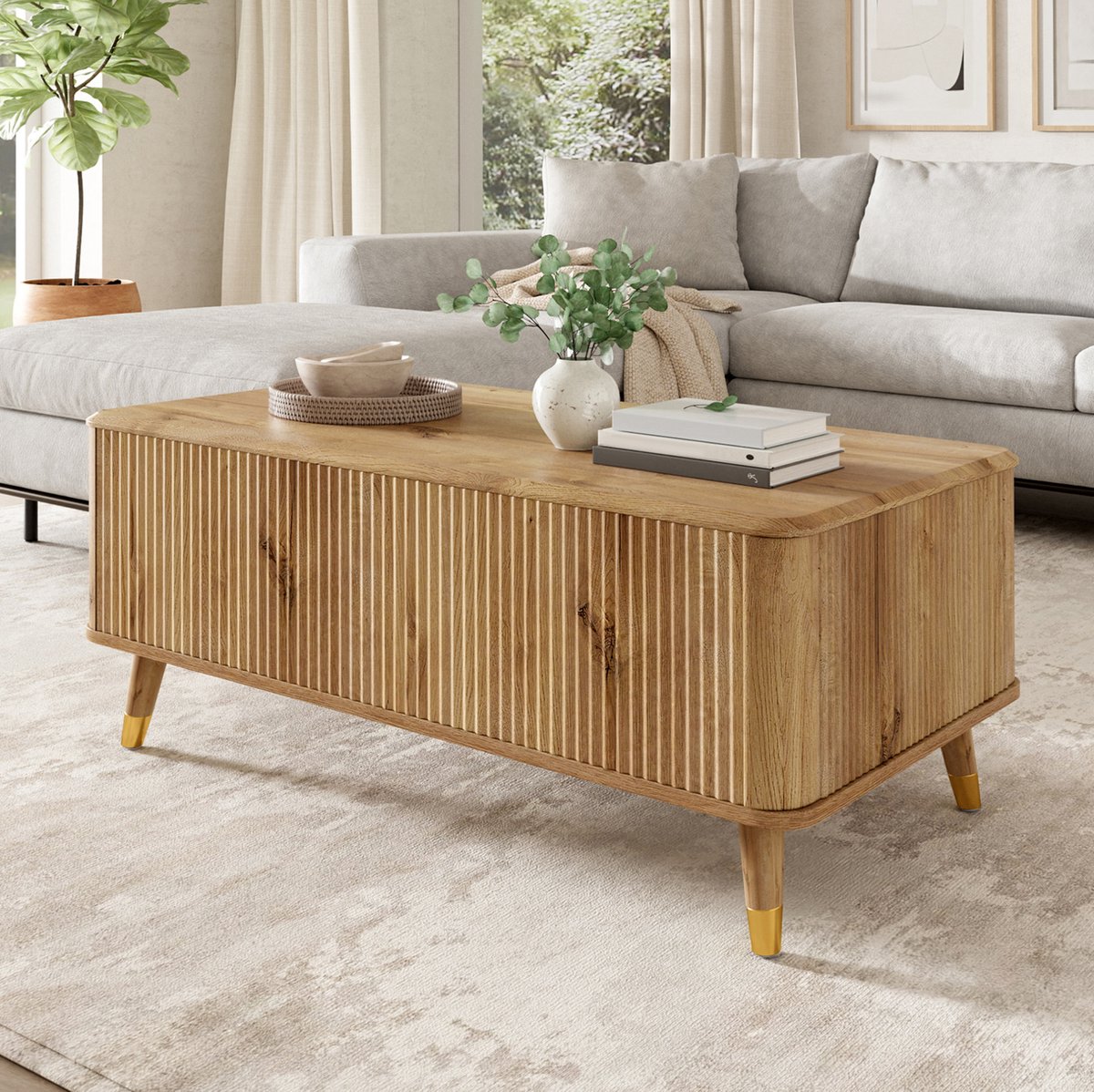 STILVORA Salontafel Hoogteverstelbaar Met Opbergvak En Wellenstructuur Voor Woonkamer En Kleine Ruimtes Houtkleur 97x52x56,5 Cm