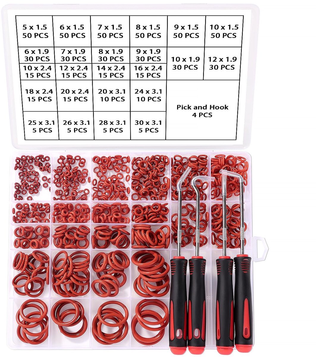 610 Stuks 24 Maten Rode O-Ringen Assortiment, Siliconen O-Ringen voor Loodgieterij, Wasmachineafdichtingen en Snelle Auto Reparaties
