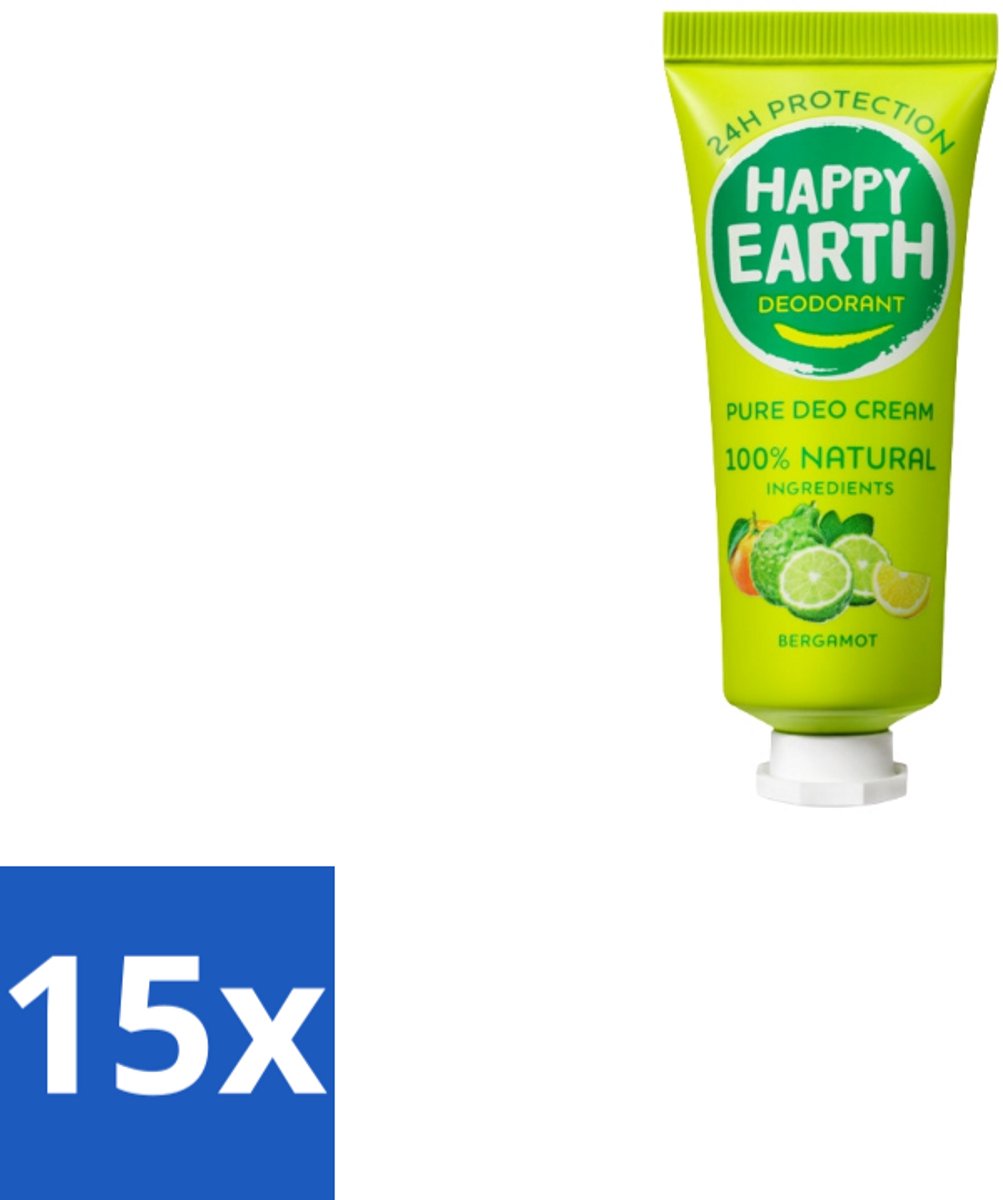 15 x Happy Earth – Deodorant Cream – 100% Natuurlijk Bergamot – 40 ml - 100% Natuurlijk Deodorant - Bergamot Deodorant - Natuurlijke Deodorant Crème - Aluminiumvrij Deodorant - Vegan Deodorant