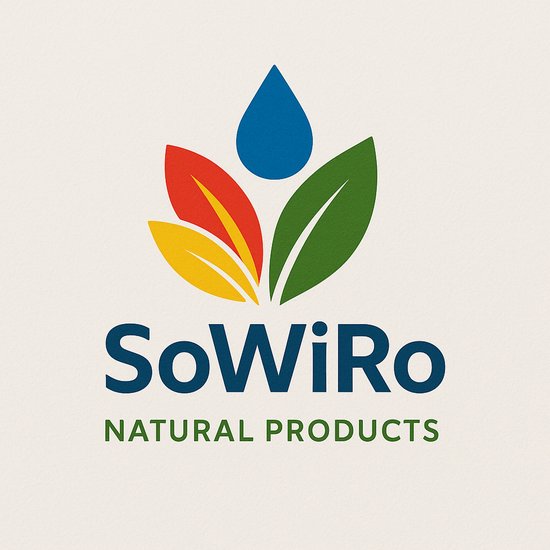 SoWiRo Natural Products logo met een blauwe druppel, rode, gele en groene blaadjes.