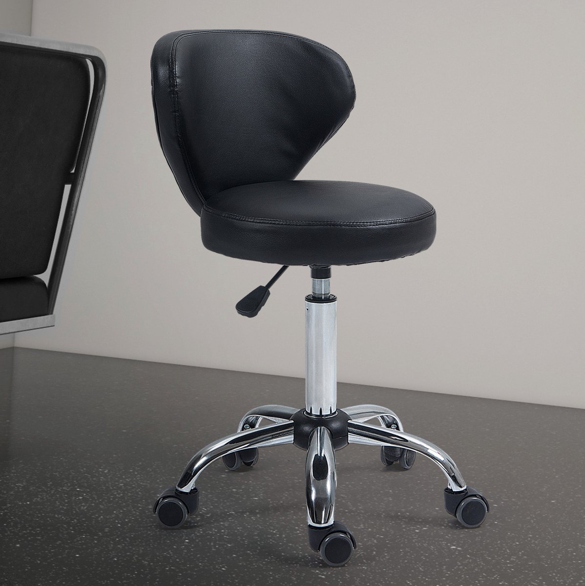 REDOM - Bureaukruk met rugleuning - 360° draaibaar en in hoogte verstelbaar - Met wielen - Ergonomisch - Werk en thuis - Kunstleer - Zwart - 45 x 31 x 88 cm