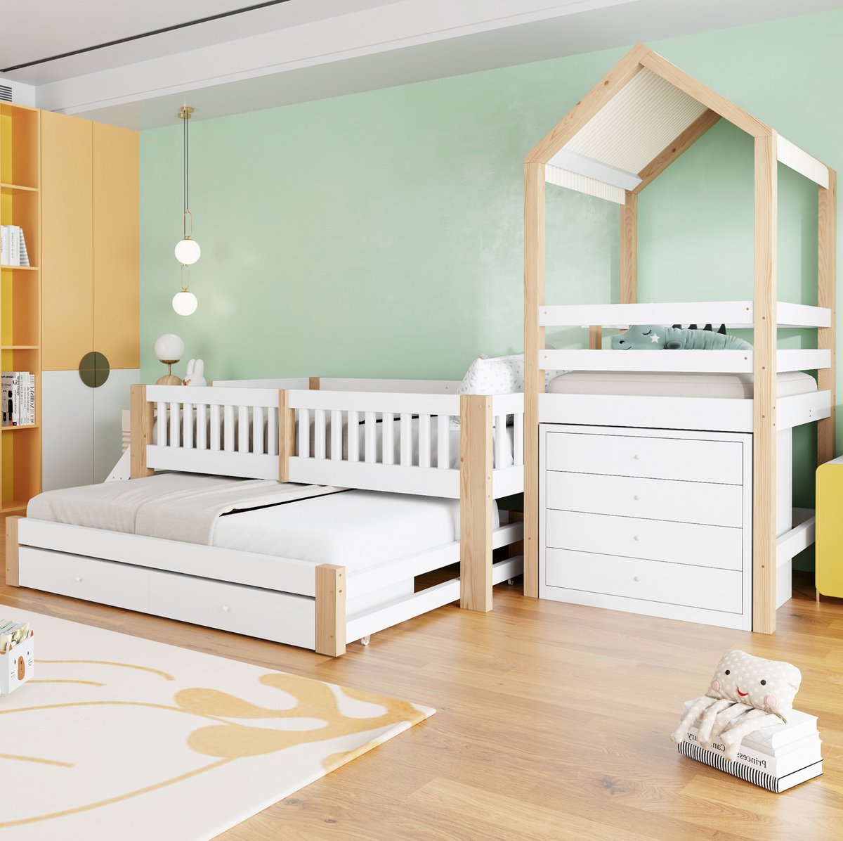 COVREO Stapelbed 307x95x173,7 cm wit naturel hout, met uitrekbaar onderbed Wit + natuurhout