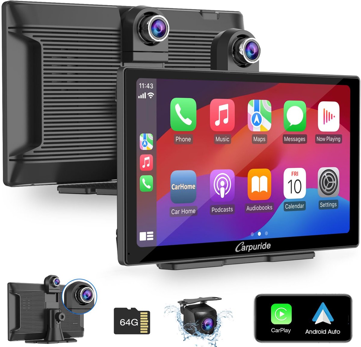 Draadloze CarPlay Scherm 9 inch met Dashcam 4K Touchscreen Android Auto GPS Bluetooth Achteruitrijcamera