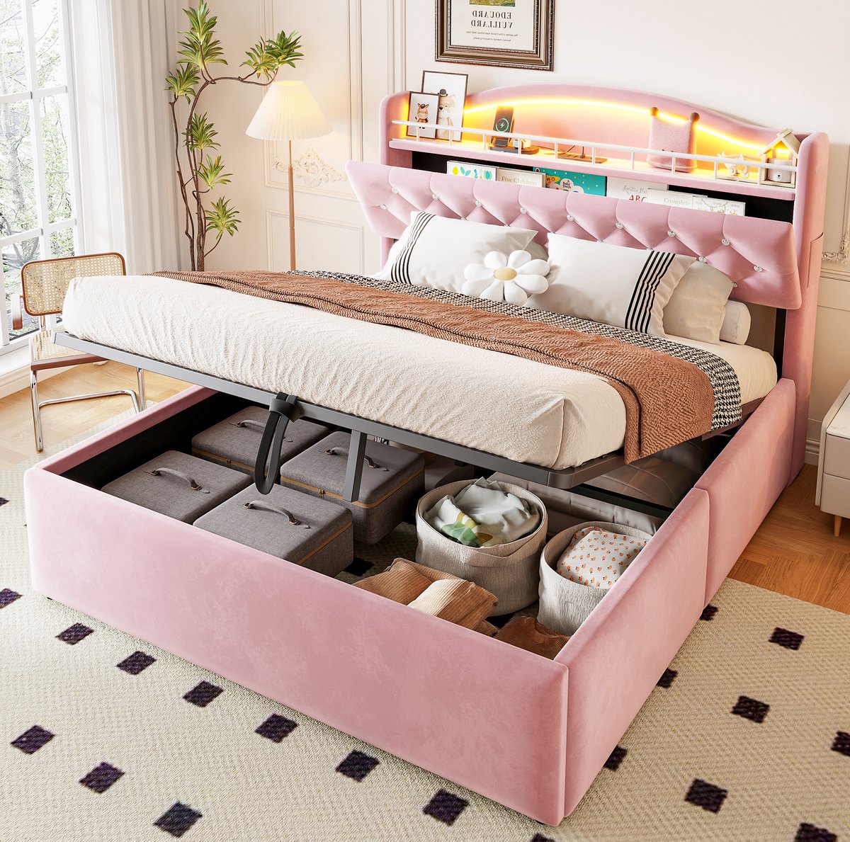 COVREO Normaal bed 140x200 cm roze stof, met opbergruimte en LED