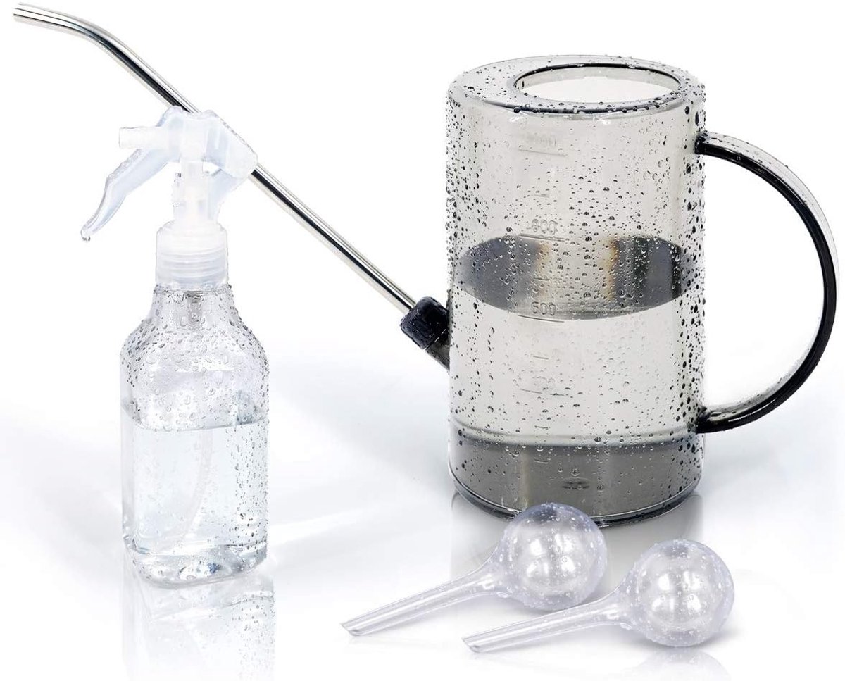 Elegante Gieter voor Binnenplanten - Langneks Gieter met Sprayfles en Automatische Waterbol voor Optimale Bewatering van Planten en Bloemen (1L Grijs)