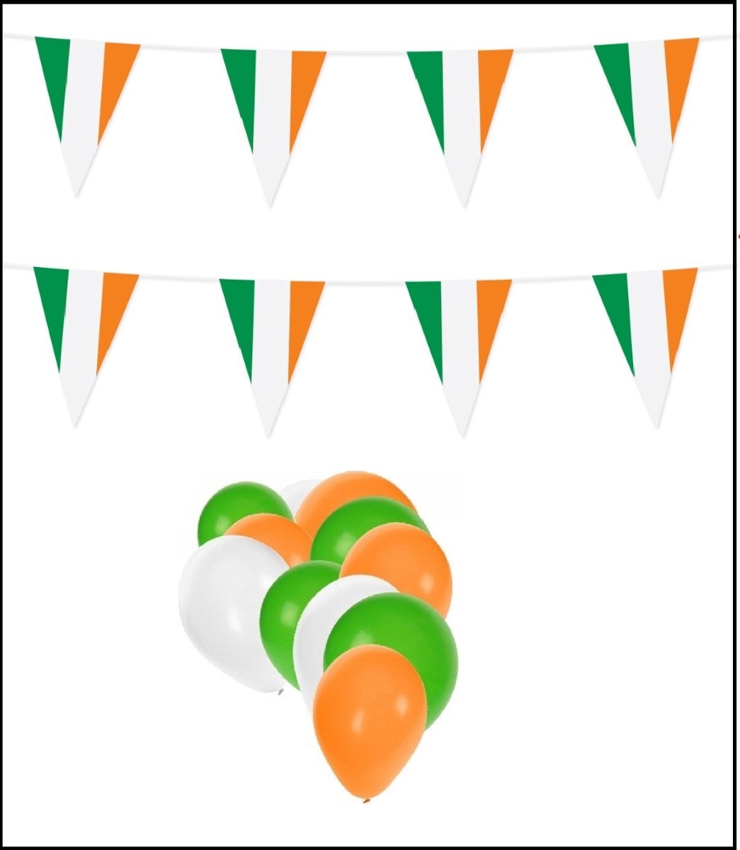 Ierland feestpakket- 2x Vlaggenlijn 10 meter + 20 ballonnen groen/wit/oranje - Versiering Slinger Feestdecoratie Decoratie