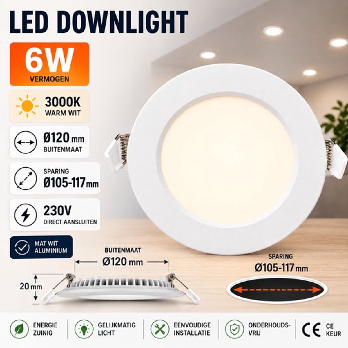 LED Paneel / Downlight Set BSE Rond Inbouw 6W 3000K Warm Wit 120mm Spatwaterdicht