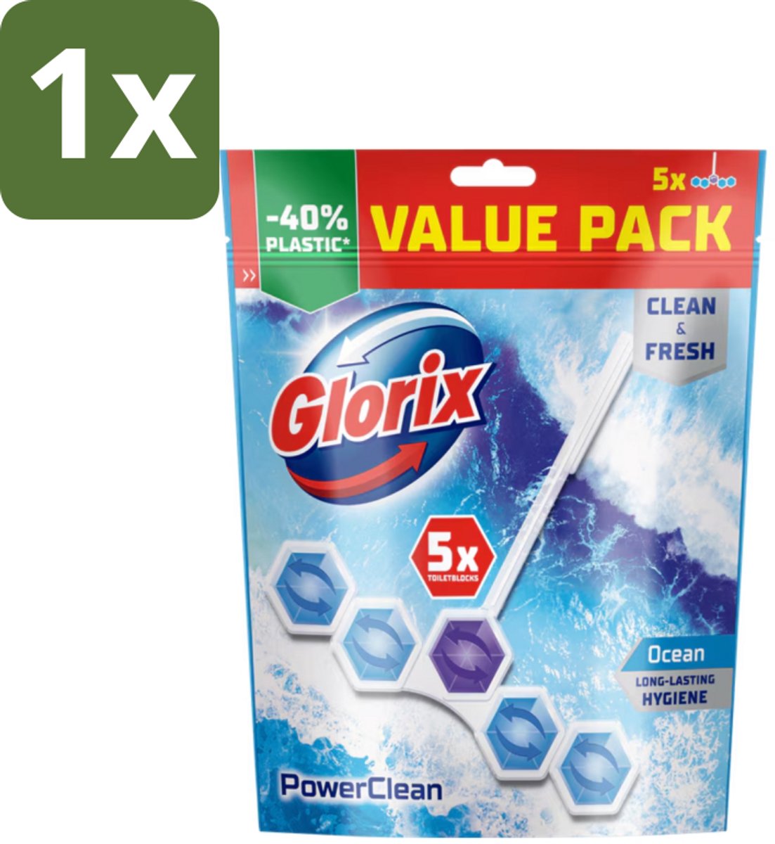 Glorix - Power Clean - Toiletblok - Ocean - Hersluitbare Verpakking - 5 Blokken - 1 stuk