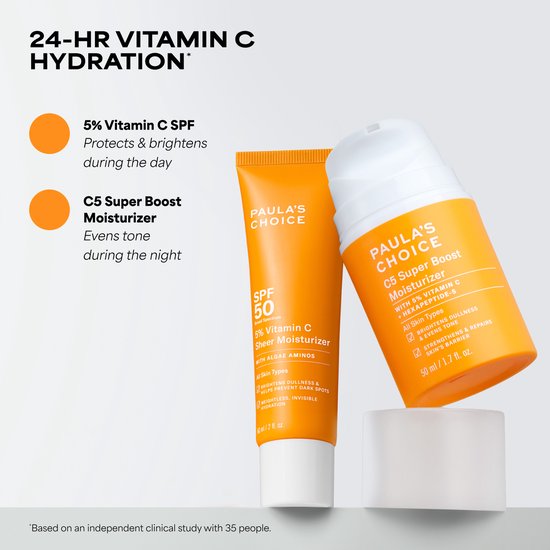 Twee Paula's Choice flacons: C5 Super Boost Moisturizer oranje en 5% Vitamin C Sheer Moisturizer oranje, met SPF 50. Tekst: '24-HR VITAMIN C HYDRATION'.