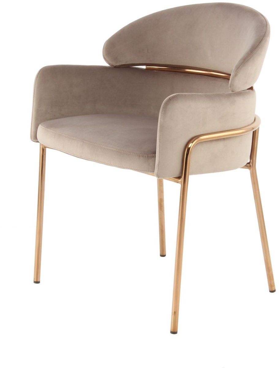 Padiro eetkamerstoel - taupe / roségoud - polyester - met armleuningen - RVS onderstel - hotel chique