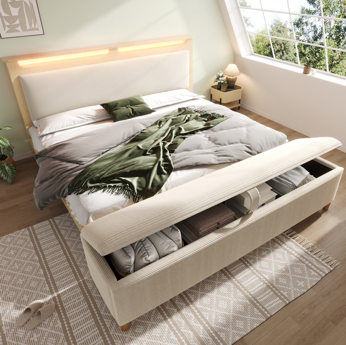 Wishdor Tweepersoonsbed 160x200 cm - Met bedbank en opbergruimte - LED verlichting - Moderne stijl - Slaapkamer - Hout en stof - Beige en houtkleur - 253 x 165 x 110 cm
