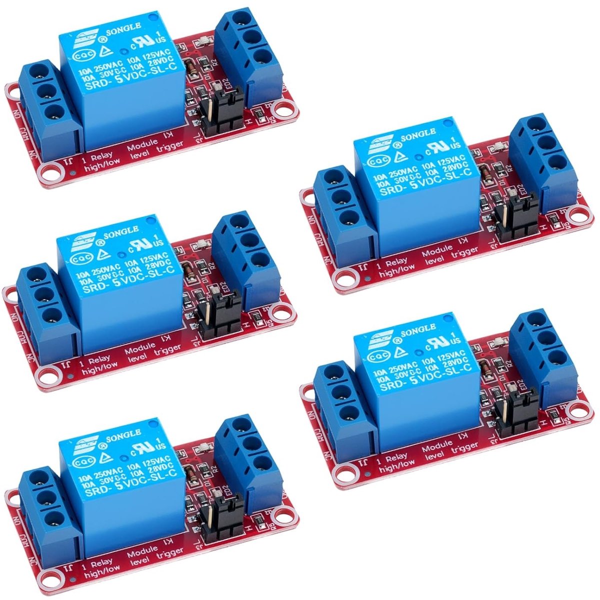 5-kanaals relaismodule met optische isolatie, 250V AC/10A, geschikt voor Arduino en Raspberry Pi, ideaal voor slimme huizen en industriële toepassingen, set van 5