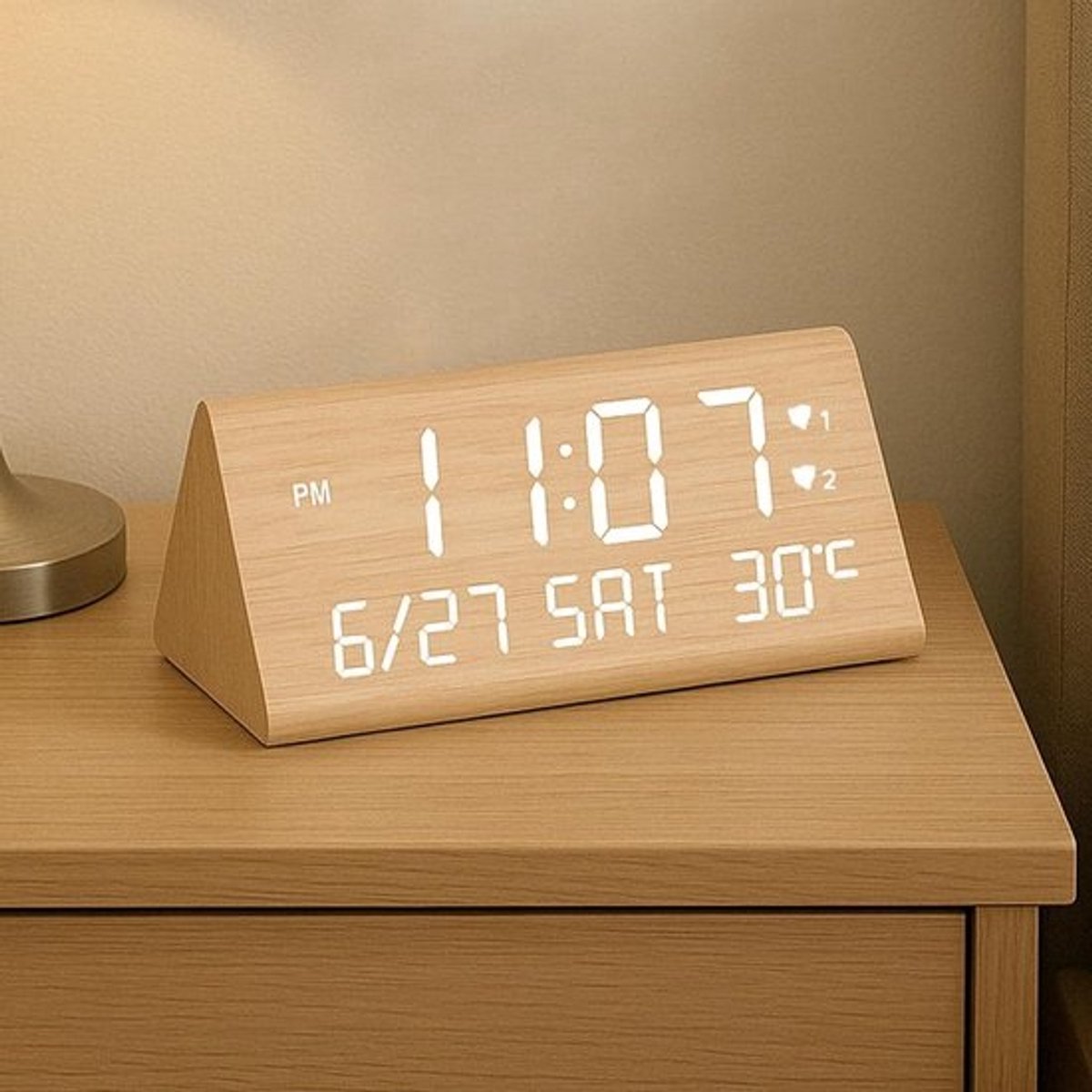 SnelShoppen - Digitale Houten Alarm Klok met 2 Alarmen, Datum, Weekdag, Temperatuur, Verstelbare Helderheid en Volume, USB Oplaadpoorten voor Thuis en