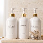 Shampoo en Conditioner Dispenser Set - 3 Stuks - 500 ml - Wit & Goud - Navulbare Zeeppomp Badkamer Accessories wit