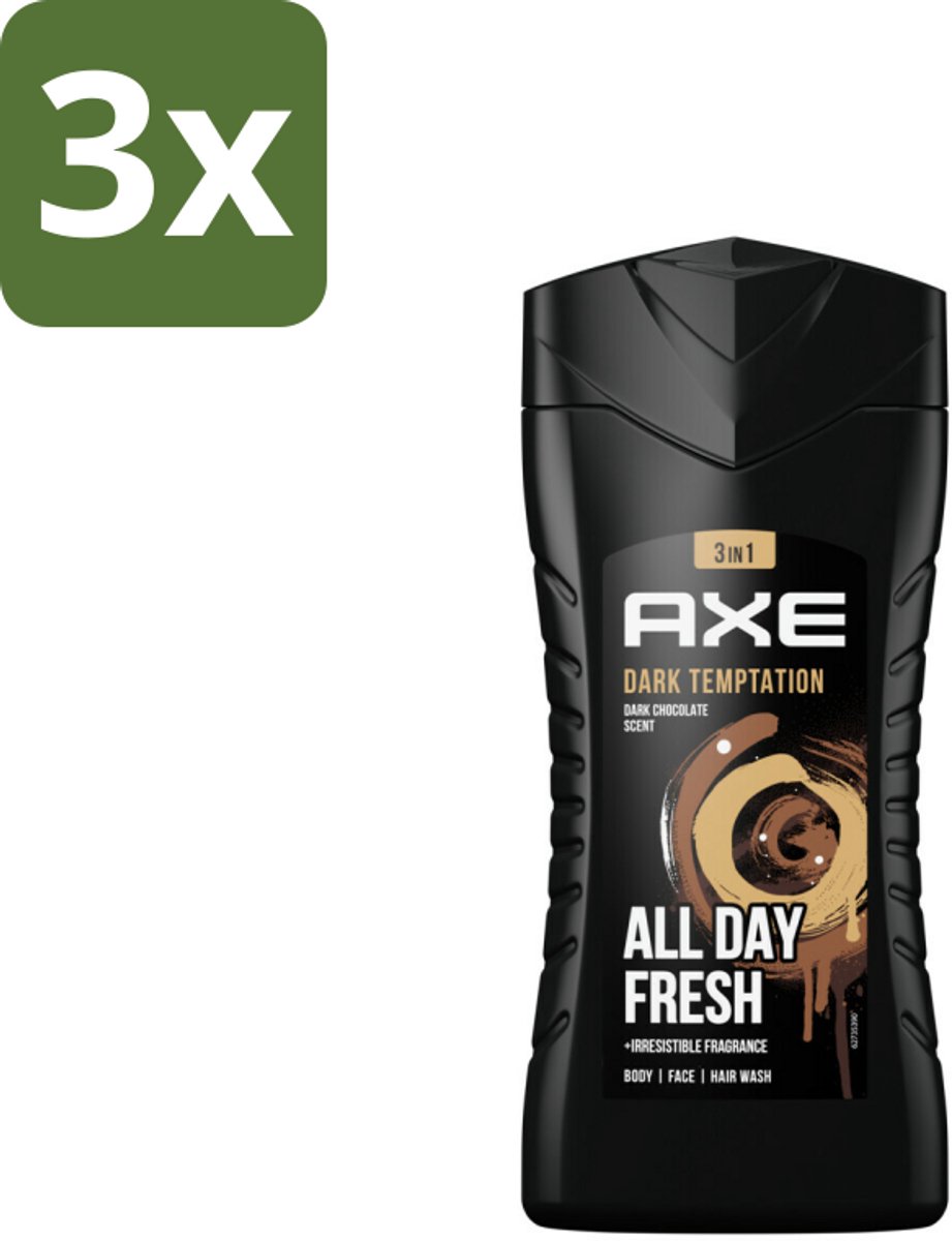 Axe - 3-in-1 Douchegel - Dark Temptation - Dark Chocolate - 12hrs Long Lasting Scent - 250 ml - Bulkverpakking - 3 stuks
