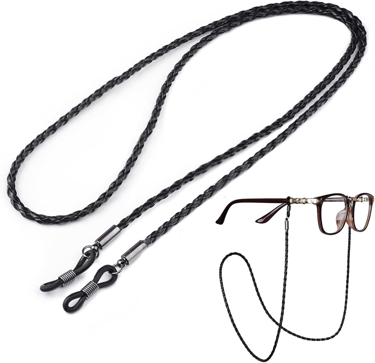 Chic brillenkoord van 70 cm, UV-bestendig rubber en stof, waterdichte PU leren bevestiging voor zonnebrillen en leesbrillen, zwart, one size