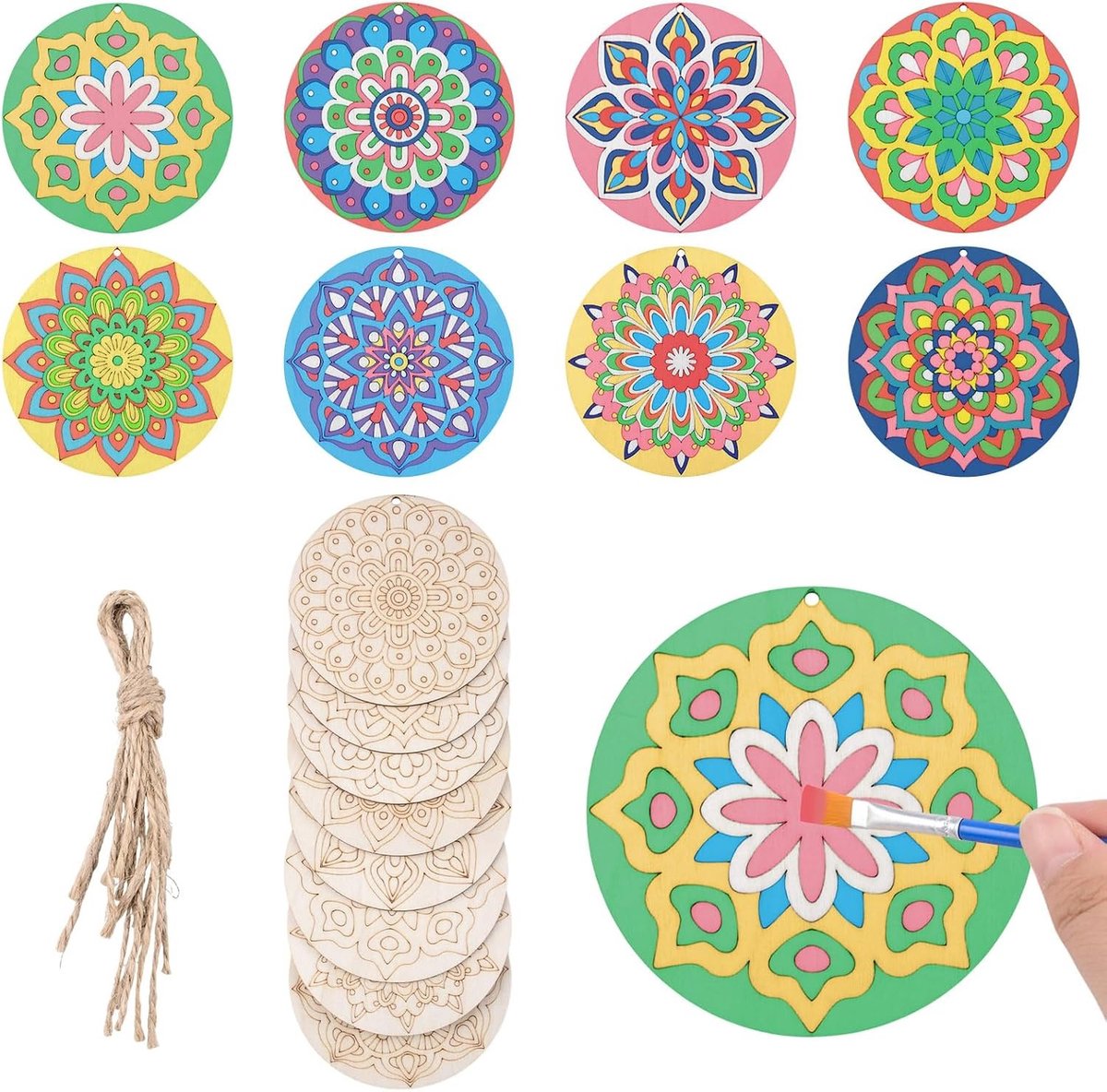 Mandala Schilderset van Hout, 40 Stuks Onbehandelde Houten Malen voor Creatieve DIY Projecten, Perfect voor Ontspanning en Kunstzinnige Activiteiten