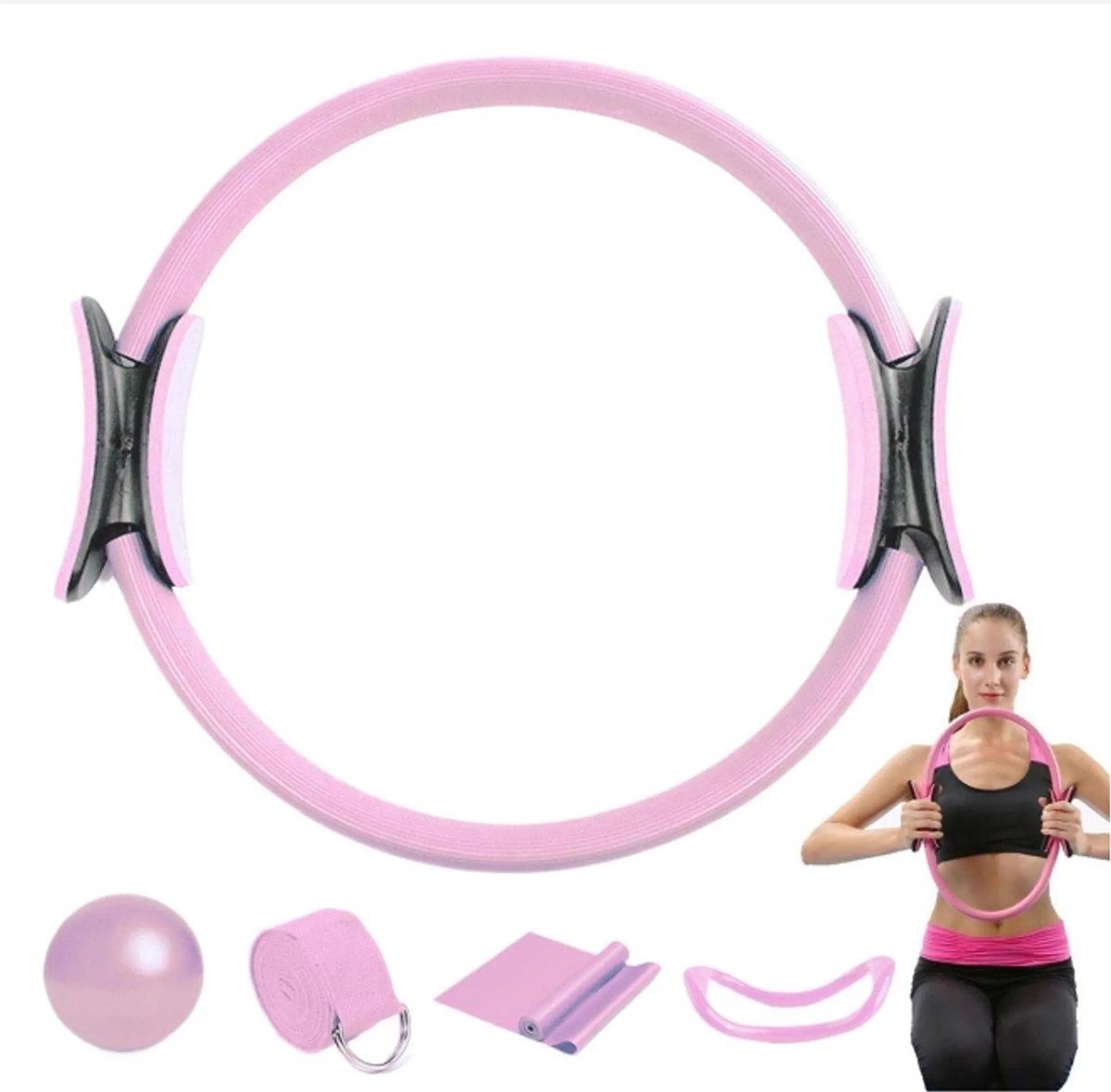 Pilates Ring - Weerstandsbanden - Pilates bal - Yoga ring set - Accessoires voor Thuisgymnastiek - Ideaal voor fitness en flexibiliteitsoefeningen - Complete Lichaamsverstevigingsset - Roze