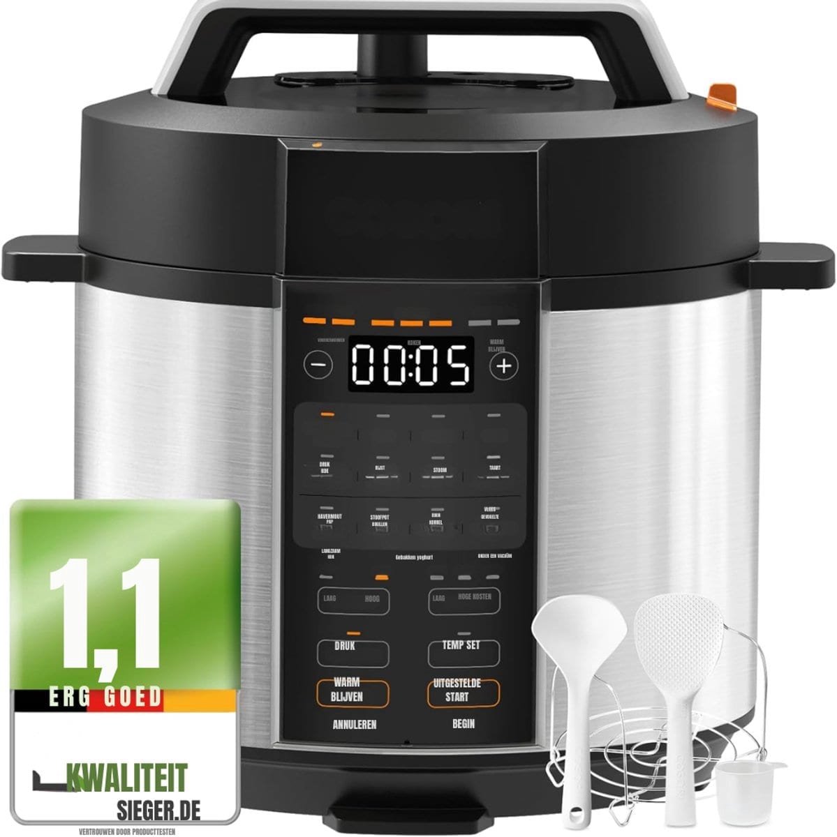 Klarven® Multicooker Receptenboek - 9-in-1 met 14 Programma's - Snelkoken, Stomen, Sous-vide, Slowcoken - Zwart, Roestvrij Staal - Inhoud 5,7 Liter - B 34 x D 32 x H 32 cm