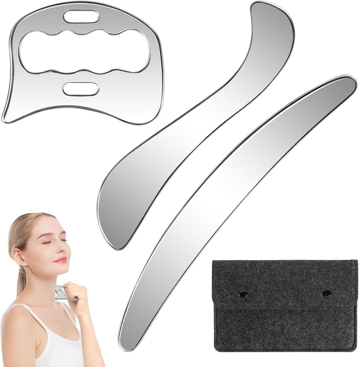 3-in-1 RVS Gua Sha Scraper met Opbergtas, Perfect voor Spierontspanning, Lymfedrainage en Gezichtsmassage