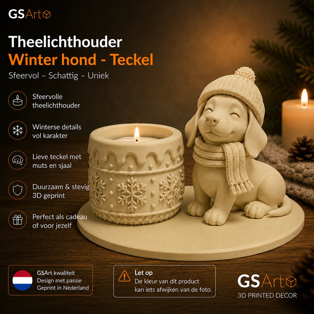 GSArt Theelichthouder Winter Hond Teckel – Winterdecoratie met LED-licht - Mat Woestijn beige