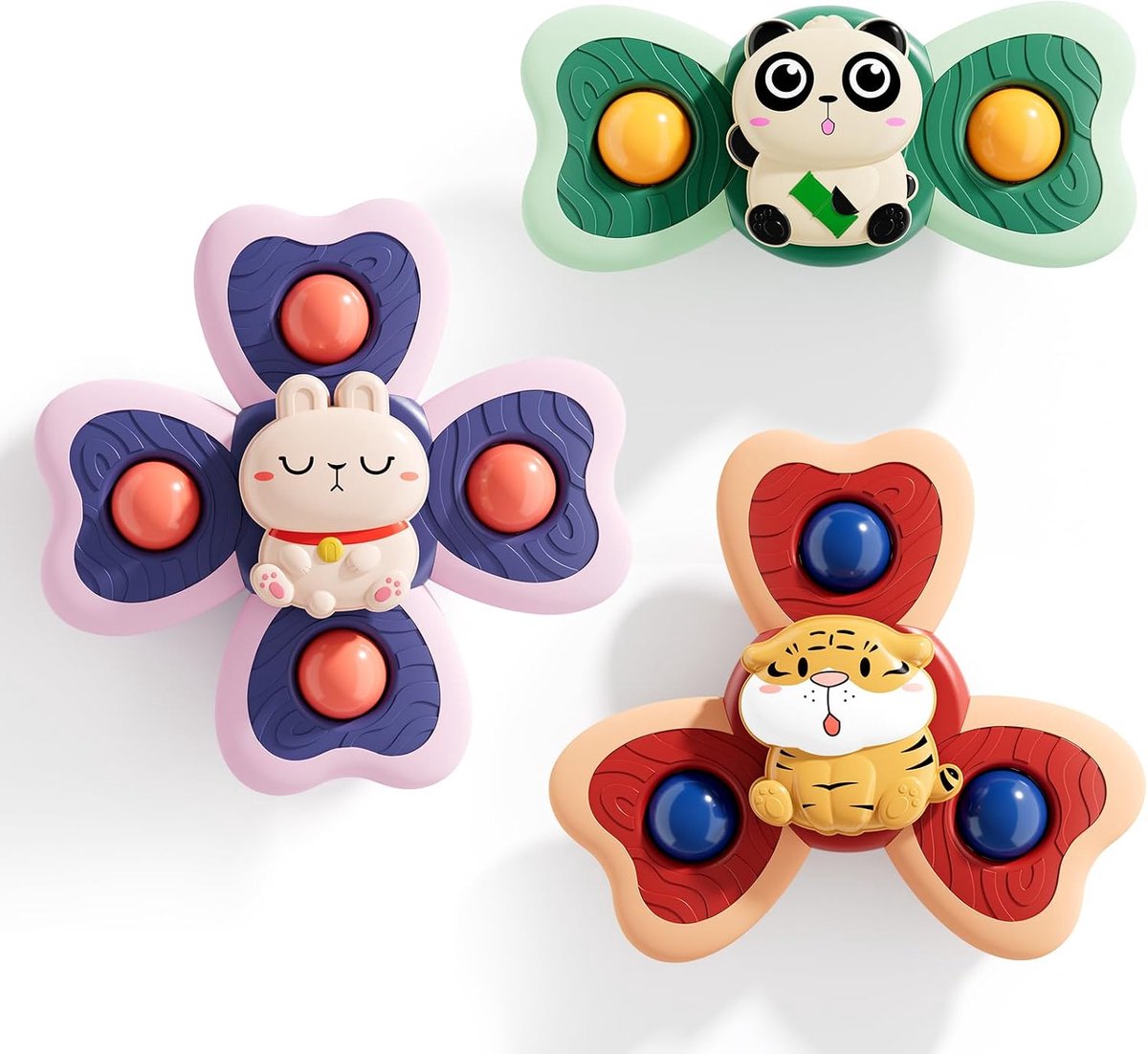 VONKELIOS®3 stuks dieren zuignap spinner speelgoed, baby fidget spinner met pop bubble, sensorisch badspeelgoed voor peuters van 1-3 jaar, panda, tijger, konijn draaispeelgoed voor kinderstoel, badkuip, raam, reis, cadeau