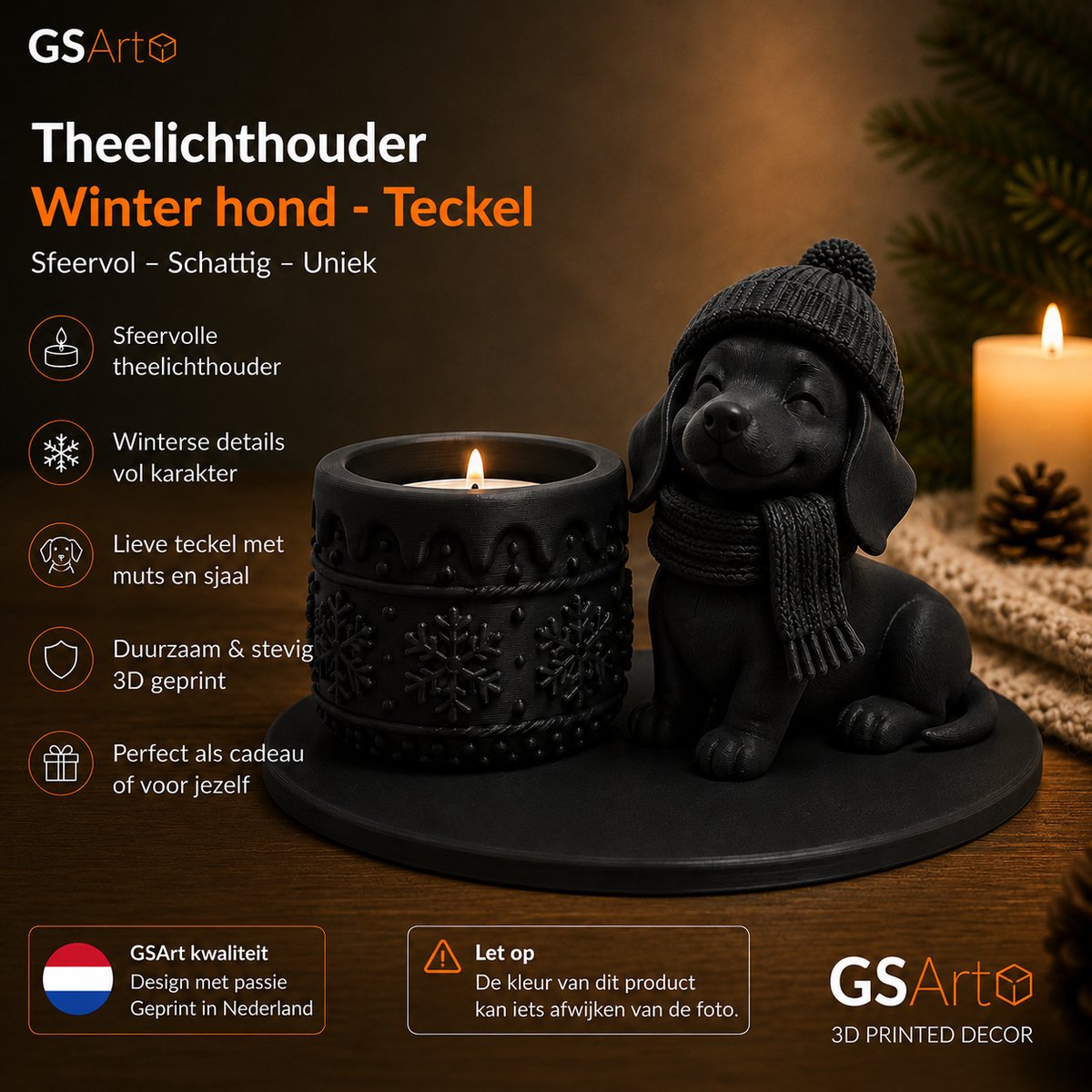 GSArt Theelichthouder Winter Hond Teckel – Winterdecoratie met LED-licht - Mat Zwart