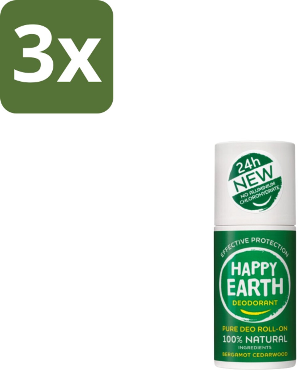 Happy Earth – Deodorant Roll-On – 100% Natuurlijk Bergamot Cedarwood – 75 ml - Bulkverpakking - 3 stuks