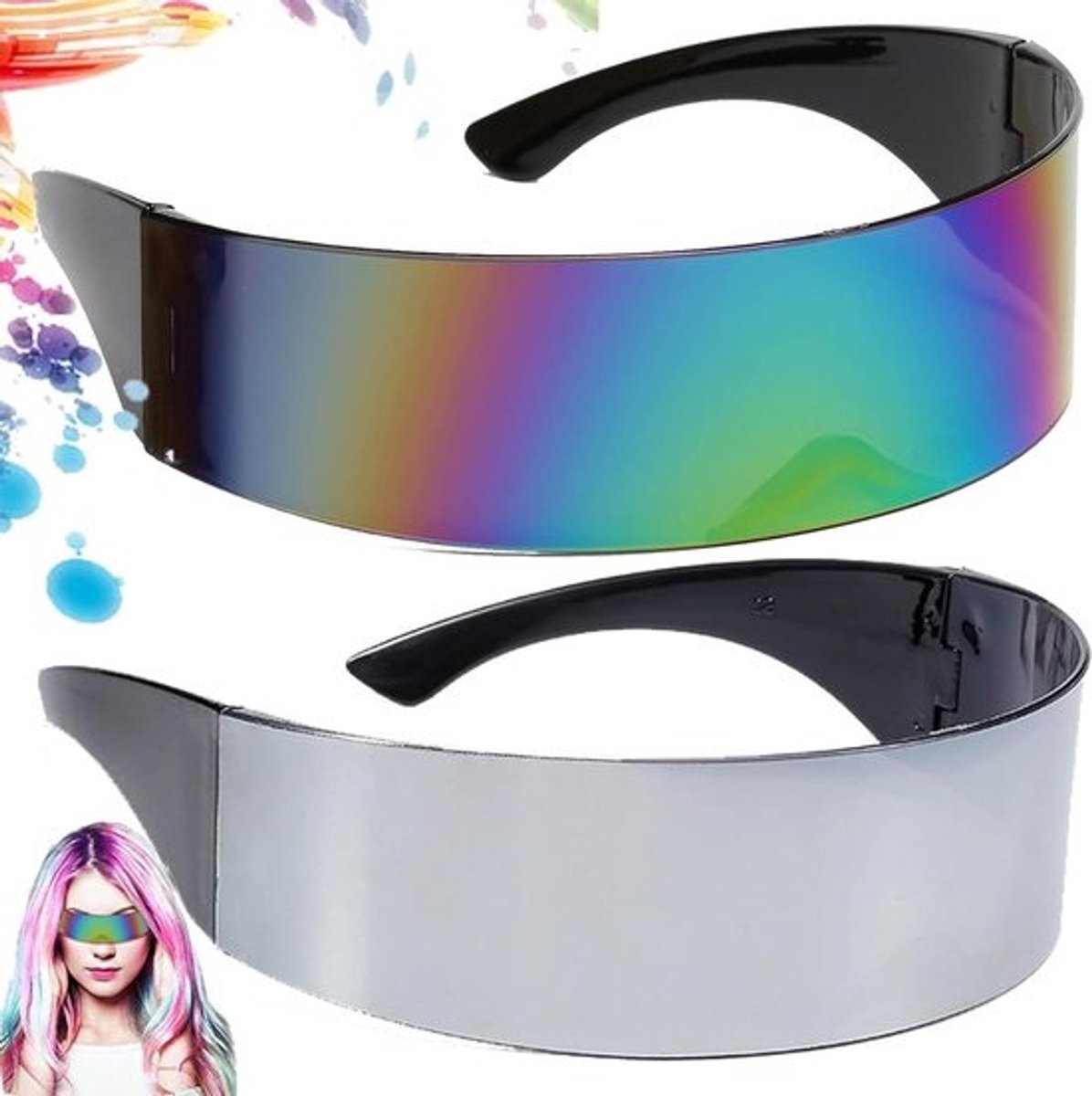 Futuristische Zonnebrillen Set van 2 - Ruimte Stijl - Kleurrijke Gespiegelde Lenzen - Voor Bar Feesten (Zilver)