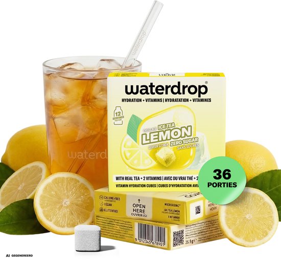 Waterdrop Ice Tea Lemon. Verpakking met citroenen, ijsblokjes en een glas ijsthee. 36 porties, zero sugar.