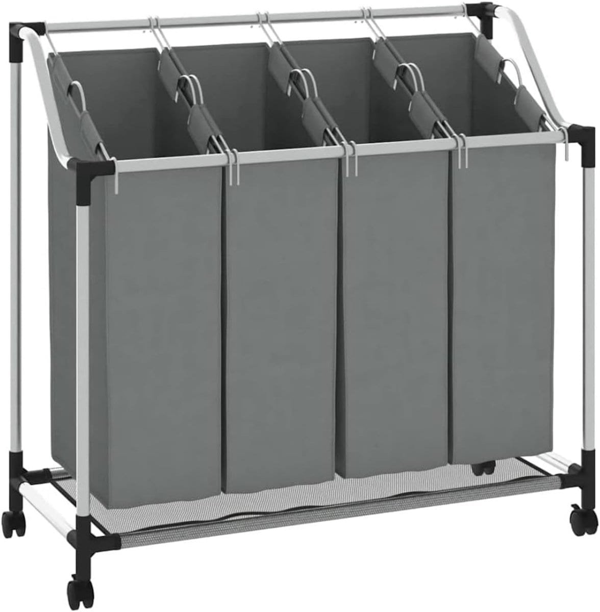 Klarven® Wasmand 4 Vakken Grijs - Met Wielen - Was Sorteren en Scheiden op Kleur of Type - 20 kg Capaciteit - Wassorteerder - B 92 x D 40 x H 96 cm