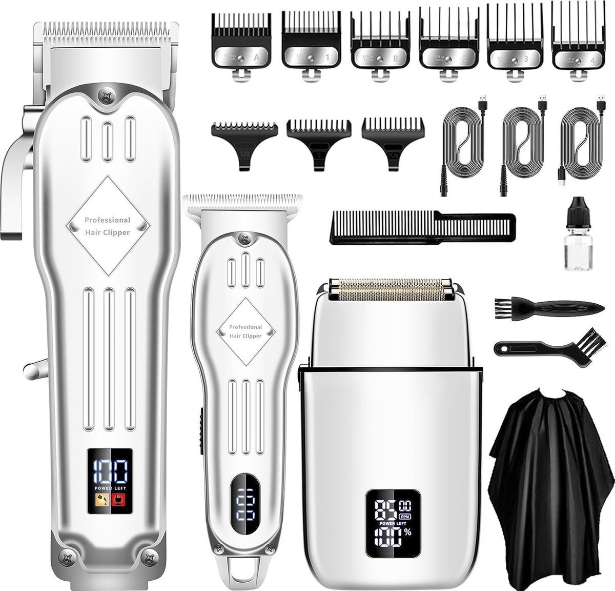 Tondeuse mannen-Baardtrimmers-Professionele Draadloze Tondeuse-Kappersmantel-Baardverzorgings set-voor Thuis, Kapper-zilver