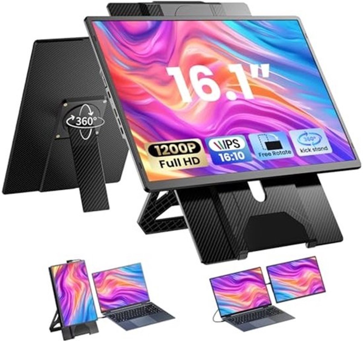 Draagbare Monitor Extender 16.1 inch, 1200p FHD, hoogte verstelbare laptopverlenger met 360° draaibare standaard