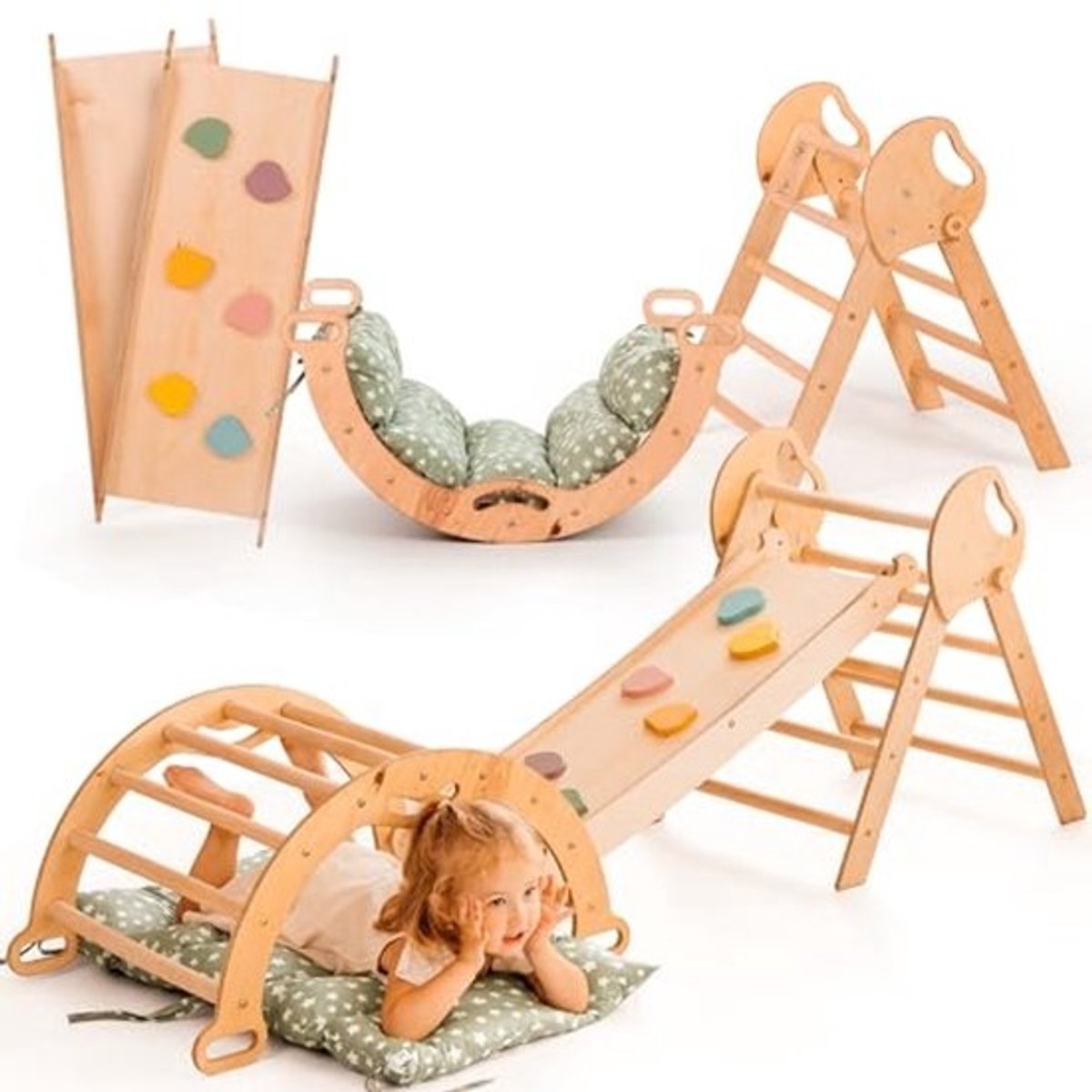 Klimframe 5-in-1 voor Peuters - Triangel Ladder, Klimboog, Balans- en Kussenset, Montessori Speeltoestel, Opvouwbare Klimspeelgoed voor Kinderen 1-3 Jaar