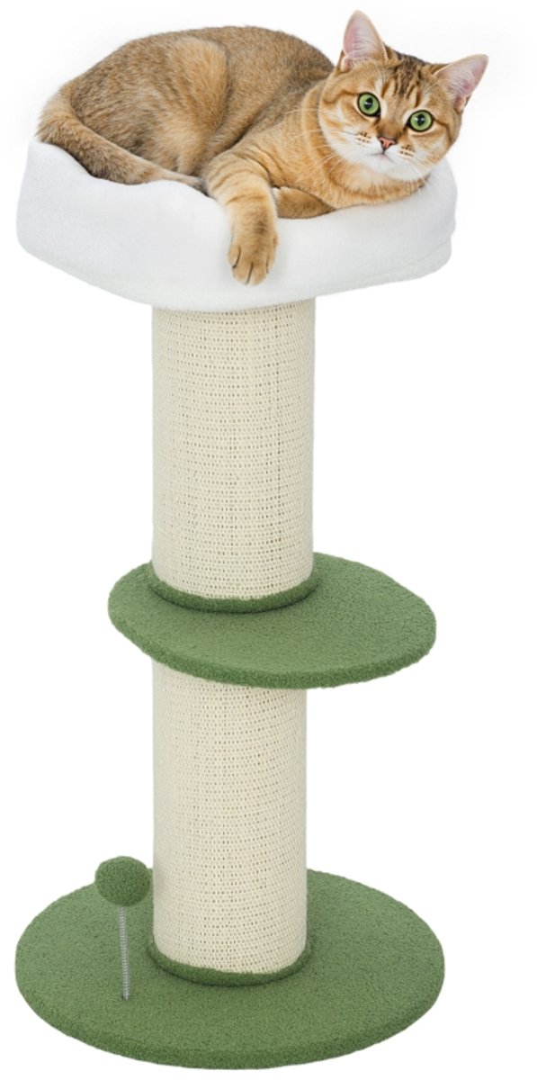 Drielaagse bloemenkrabpaal voor katten, krabton, platform en bal, sisalpaal, Ø 45 x 92 cm, groen