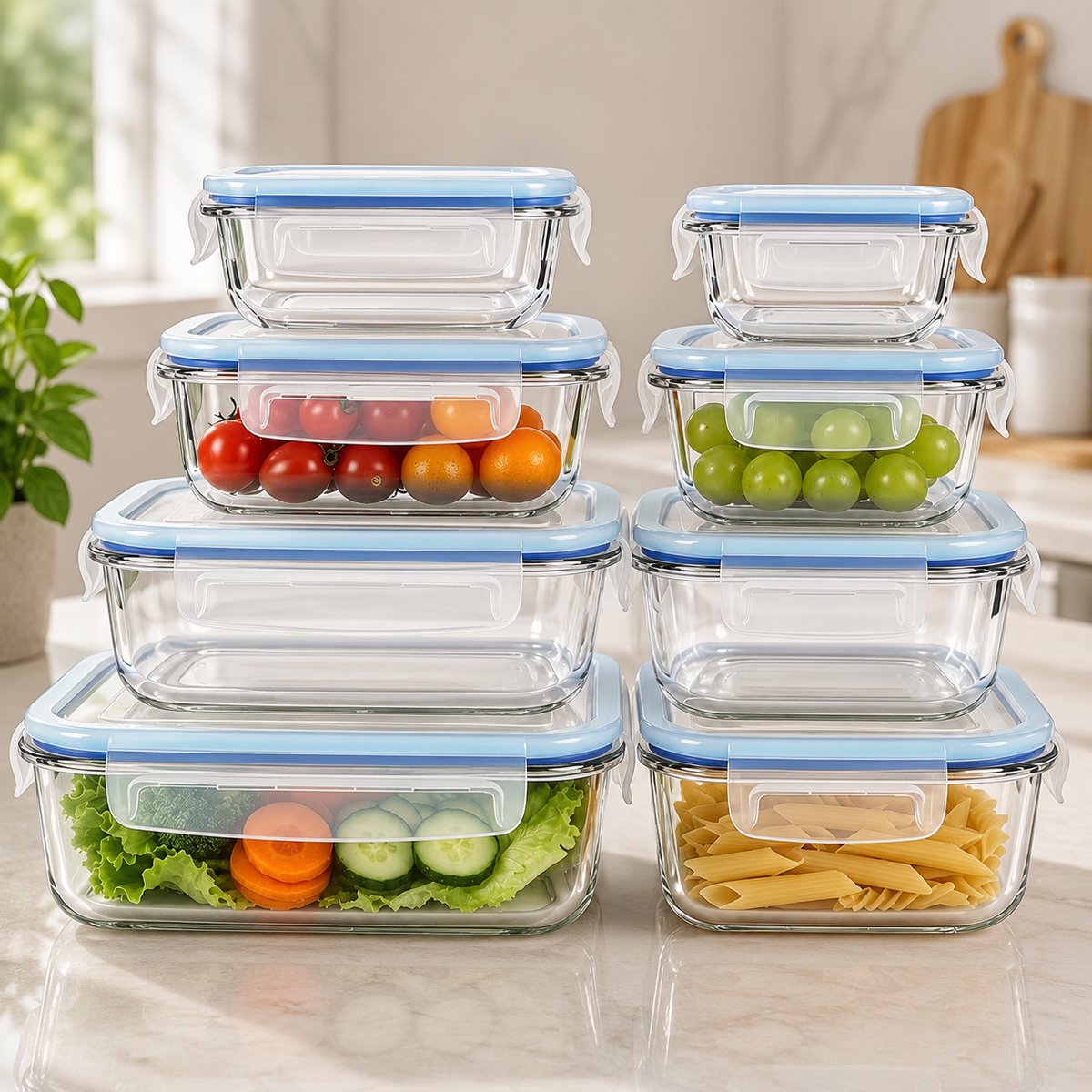 16 Delige Glazen Lunchbox Set met Deksels - Luchtdicht - Magnetron, Oven en Vaatwasserbestendig