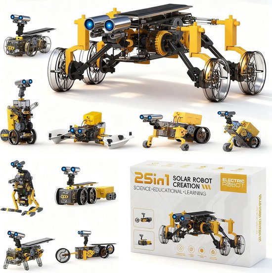 25-in-1 zonne-energiemodellen, inclusief een grote robot met 6 wielen, zonnepanelen en blauwe koplampen.