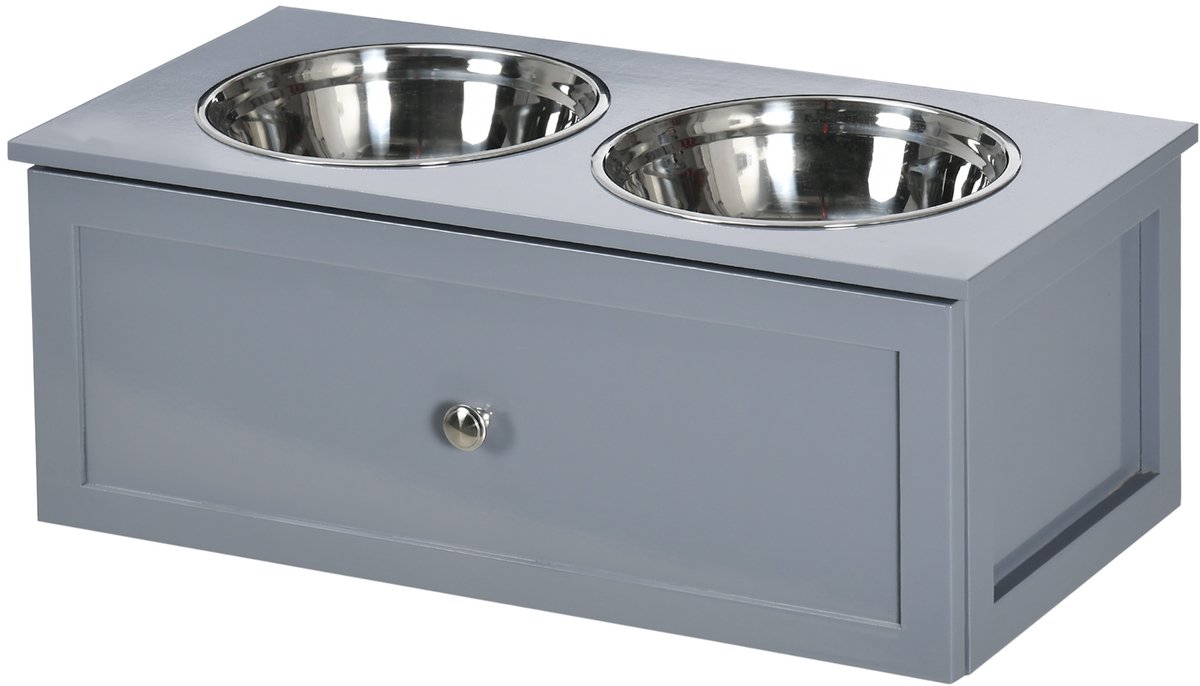 ECTEATOY® Hondenvoerbak - Verhoogde Voerbak voor Honden - Voerstation met Lade - 2x RVS Voerbakken 2L - Grijs - 60 x 30 x 24 cm