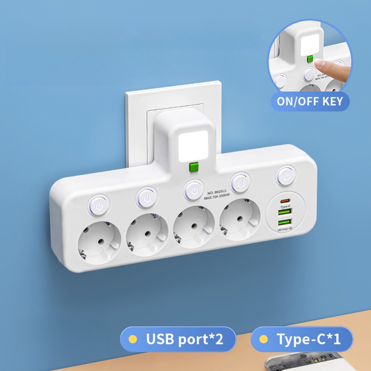 Eén naar meerdere, met schakelaar, USB-stopcontact, met USB slimme stekkerdoos, stekkerdoos, verlengsnoer, Type-C opladen, met nachtlampje, witte uitvoering 3