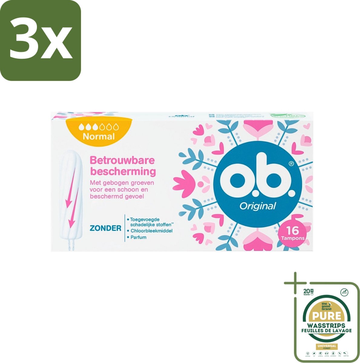 3 x o.b. Tampons - Original Normal - Voor Comfort en Betrouwbare Bescherming - 16 Tampons - Grootverpakking - Tampons - Menstruatiebescherming - Plantaardige Tampons - Betrouwbare Bescherming - Comfortabel