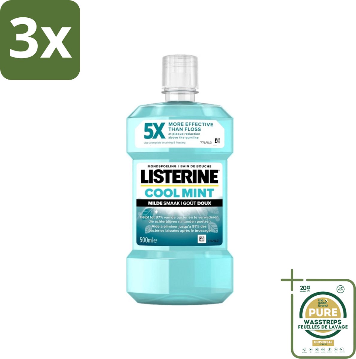 3 x Listerine - Mondwater - Cool Mint - Milde Smaak - 500 ml - Grootverpakking - Mondspoeling - Mondwater - Mondhygiëne - Tandplak - Tandvlees