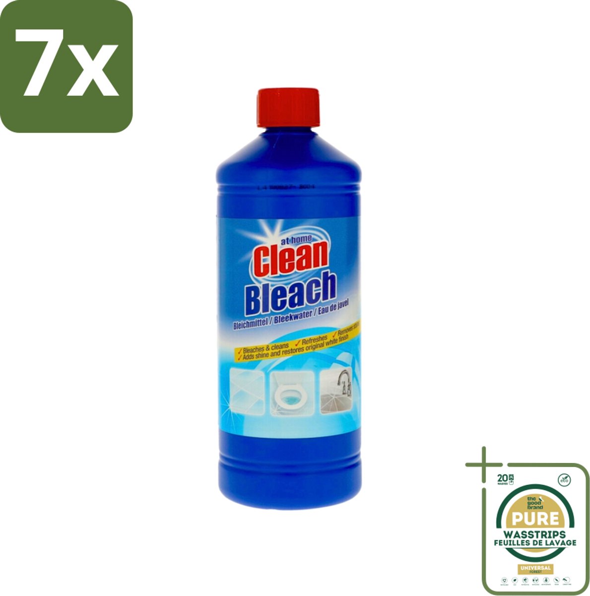 7 x At Home - Clean - Bleekmiddel - Hersteld Oorspronkelijke Wit - 1 L - Grootverpakking - Bleekmiddel - Reinigen - Vlekken Verwijderen - Oorspronkelijke Witheid - Glans Herstellen